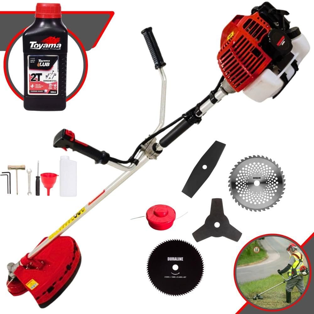 Roçadeira Multifuncional Kawashima KW52L À Gasolina 52cc 2,5HP 10.000rpm Com Carretel de Nylon + Kit 4 Lâminas de Corte + ÓLEO TOYAMA FG50 2 Tempos