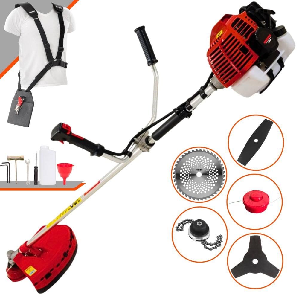 Roçadeira Profissional Completa Kawashima KW52L À Gasolina 2 Tempos 52cc 2,5HP de Potência Alta Rotação Com Carretel Nylon + Kit 4 Lâminas de Cortes