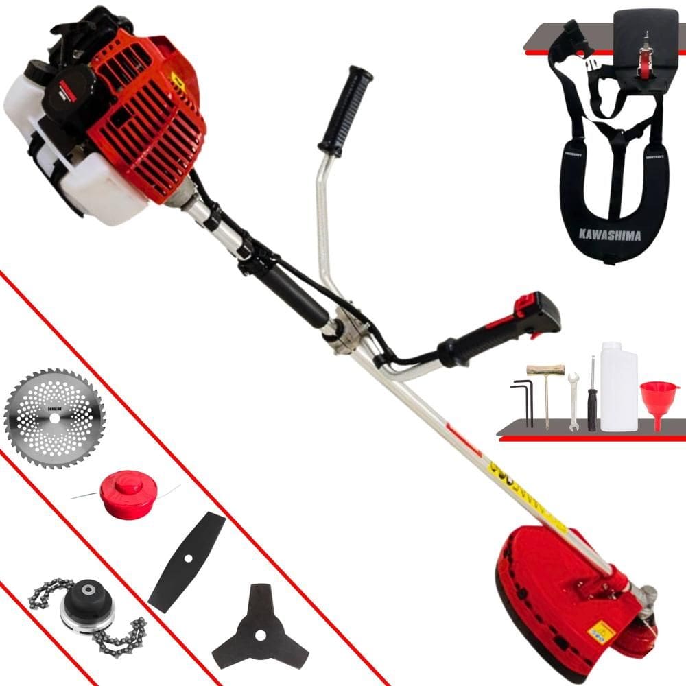 Roçadeira Lateral Kawashima KW52L À Gasolina 52cc 2,5HP Alta Rotação Para Todos os Tipos de Trabalho Com Carretel Nylon + Kit de 4 Lâminas de Cortes