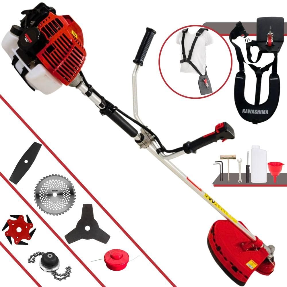 Máquina de Corta Grama Kawashima KW52L À Gasolina 52cc 2,5HP 10.000rpm Multifunções Profissional Completa Com Carretel de Nylon + 5 Lâminas de Corte