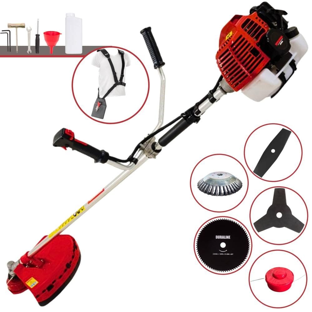 Roçadeira Robusta Kawashima KW52L À Gasolina 52cc 2,5HP 5 Opções de Corte Com Facas 2 Pontas, 3 Pontas, 80 Dentes, Escova de Aço e Carretel de Nylon