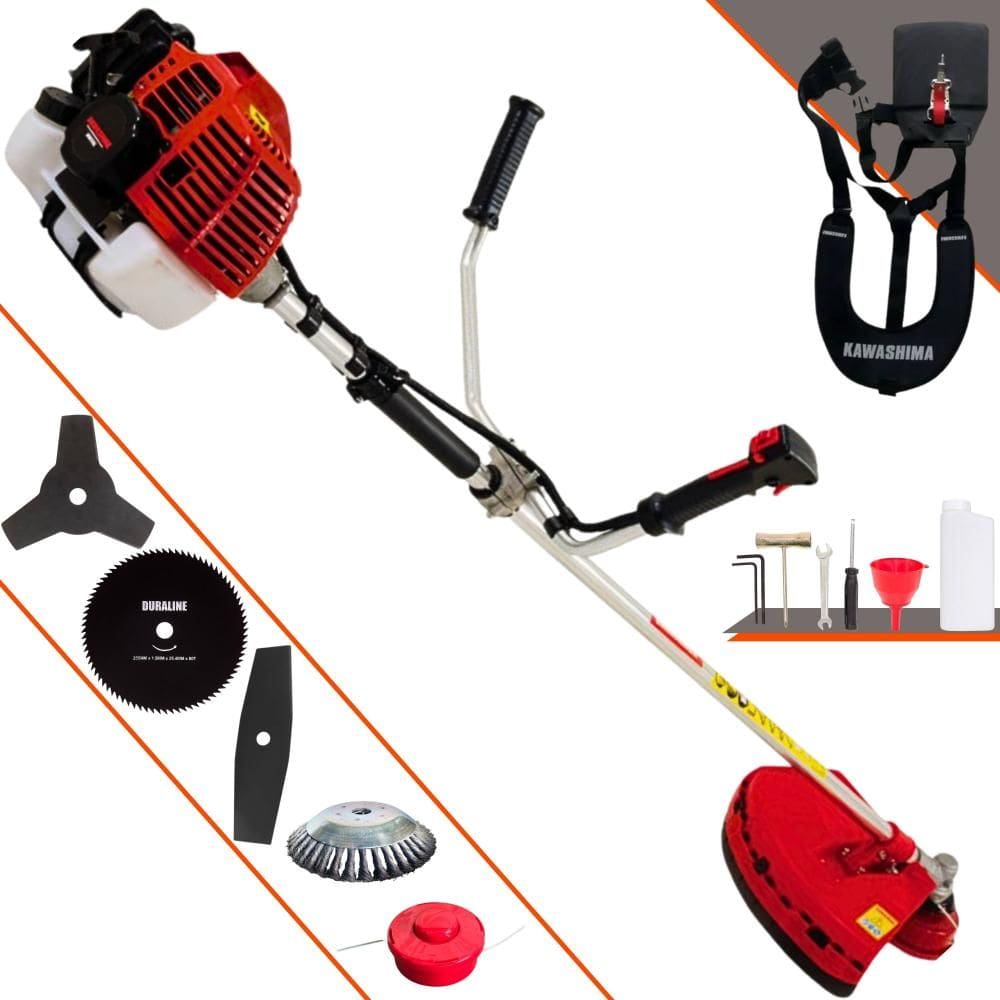 Roçadeira Kawashima KW52L 52cc 10.000rpm 2,5HP de Potência Multifunções Com Carretel e Faca 3 Pontas + Faca 2 Pontas + Faca 80 Dentes + Escova de Aço