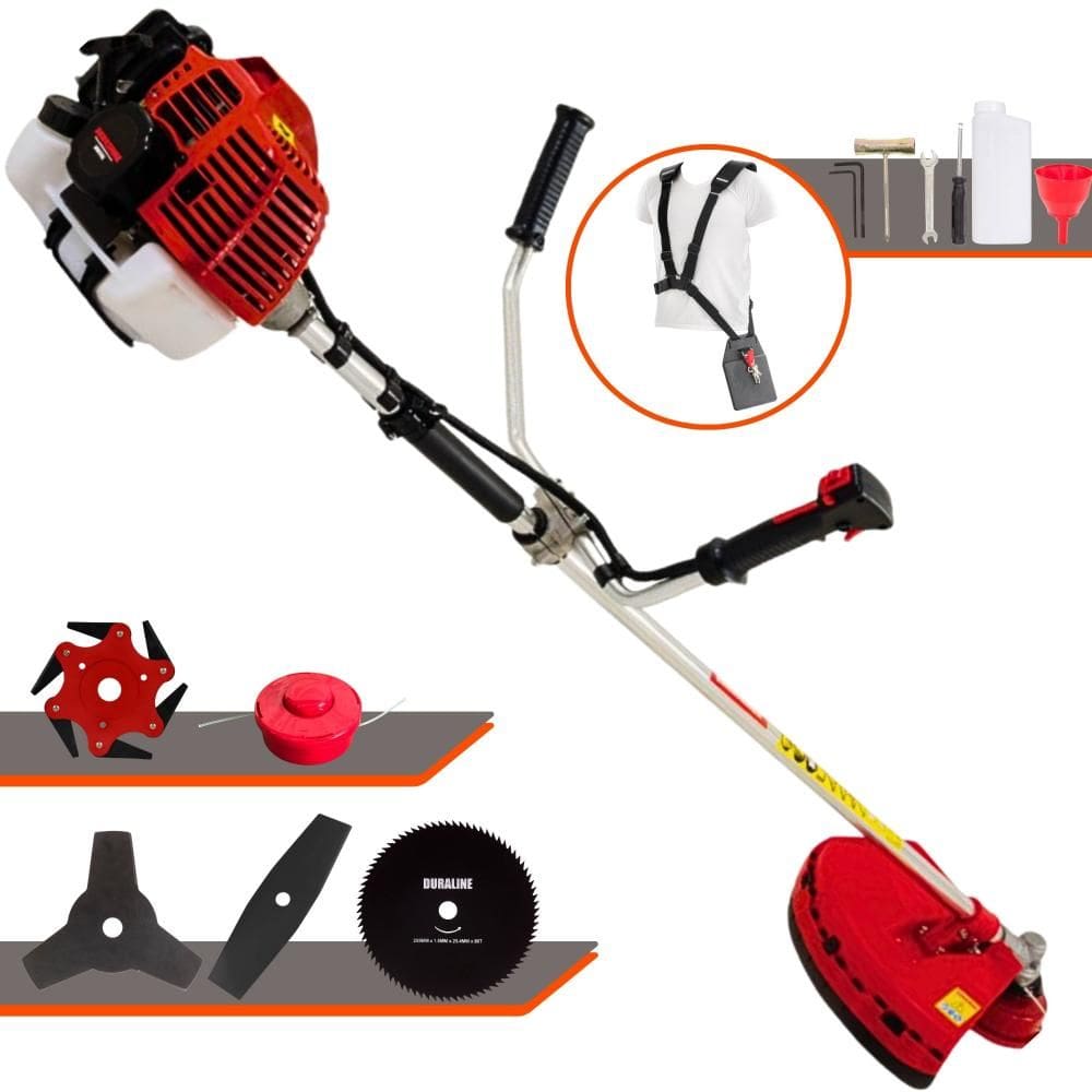 Roçadeira Cortador de Grama Kawashima KW52L À Gasolina 2T 52cc 2,5HP Com Carretel + Faca 2 Pontas + Faca 3 Pontas + Faca 6 Pontas e Faca 80 Dentes