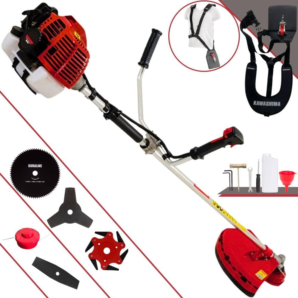 Roçadeira Profissional Kawashima KW52-L 52cc 10.000rpm 2,5HP Completa Com Carretel e Faca 3 Pontas + Faca 2 Pontas + Faca 6 Pontas + Faca 80 Dentes