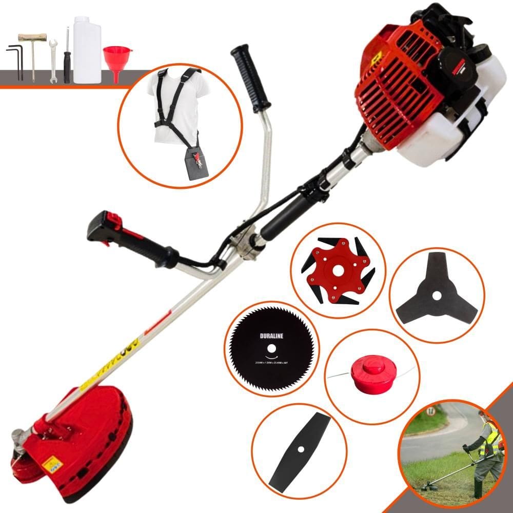 Roçadeira Aparador de Grama Kawashima KW52-L À Gasolina 2T 52cc 2,5HP Completa 5 Opções de Corte Com Facas 2 Pontas, 3 Pontas, 6 Pontas, 80 Dentes