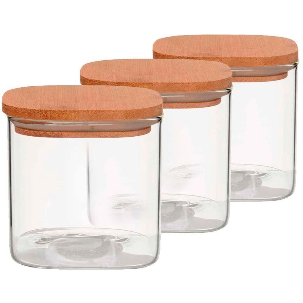 Kit Pote Hermético Quadrado Tampa Bambu Mimo 750Ml - 3 Peças