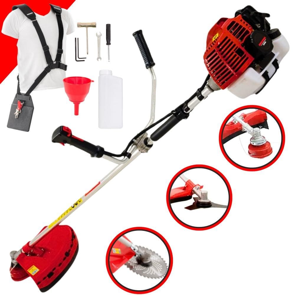 Roçadeira Robusta Kawashima KW52L À Gasolina 2T 52cc 2,5HP 10.000rpm 3 Opções de Corte Com Lâmina 3 Pontas + Lâmina 40 Dentes + Carretel de Nylon