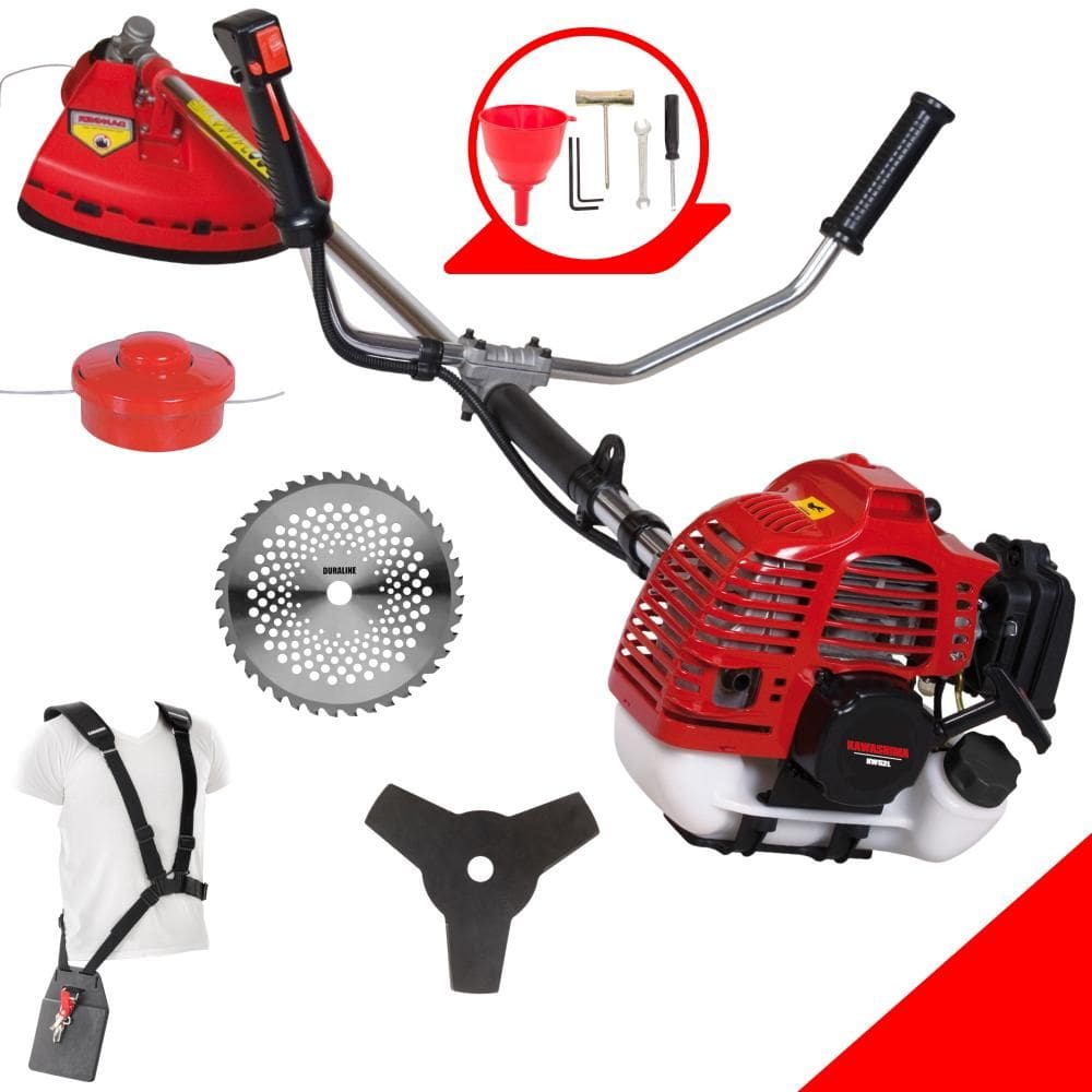 Roçadeira Profissional Kawashima KW52-L 2 Tempos 52cc 2,5HP de Potência Cortador de Grama Com Cabeçote de Nylon + Lâmina 3 Pontas + Lâmina 40 Dentes