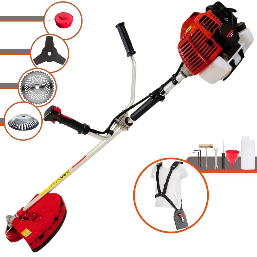 Roçadeira À Gasolina Kawashima KW52-L 52cc 2,5HP 10.000rpm Motor 2T Com Lâmina 3 Pontas + Lâmina 40 Dentes Vídea + Escova de Aço + Carretel de Nylon