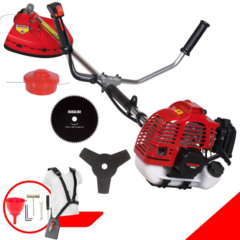 Roçadeira À Gasolina Kawashima KW52L 52cc 2,5HP de Potência 2 Tempos Alta Rotação Completa Com Carretel Nylon + Faca 3 Pontas + Faca 80 Dentes 255mm