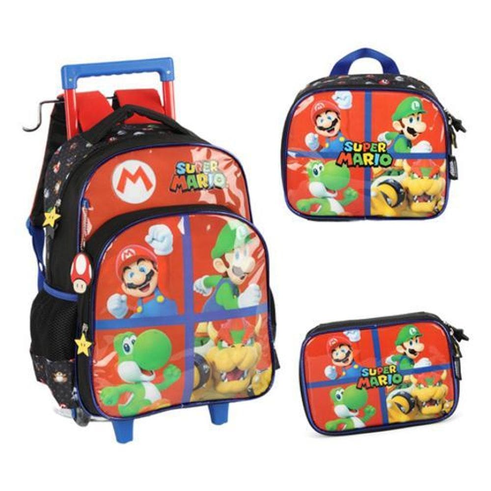 Kit Mochila Carrinho Lancheira Estojo Super Mario