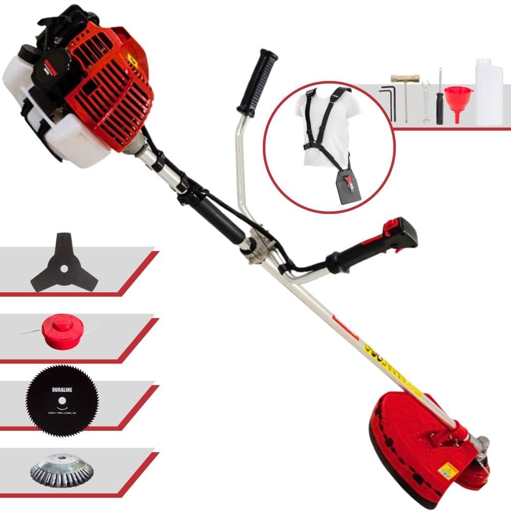 Roçadeira Podador de Grama Kawashima KW52L À Gasolina 2T 52cc 2,5HP Completa Com Carretel de Nylon + Faca 3 Pontas + Faca 80 Dentes + Escova de Aço