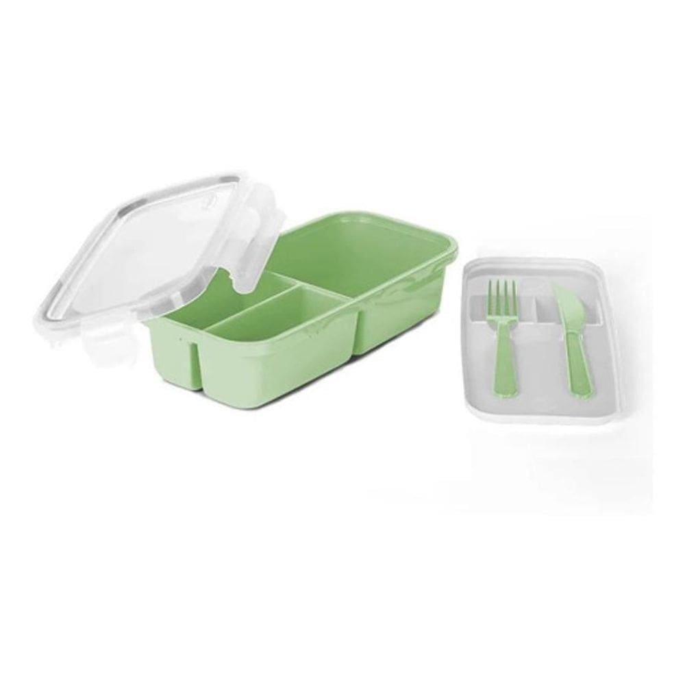 Marmita 3 Divisórias Com Kit De Talheres E Travas - Verde