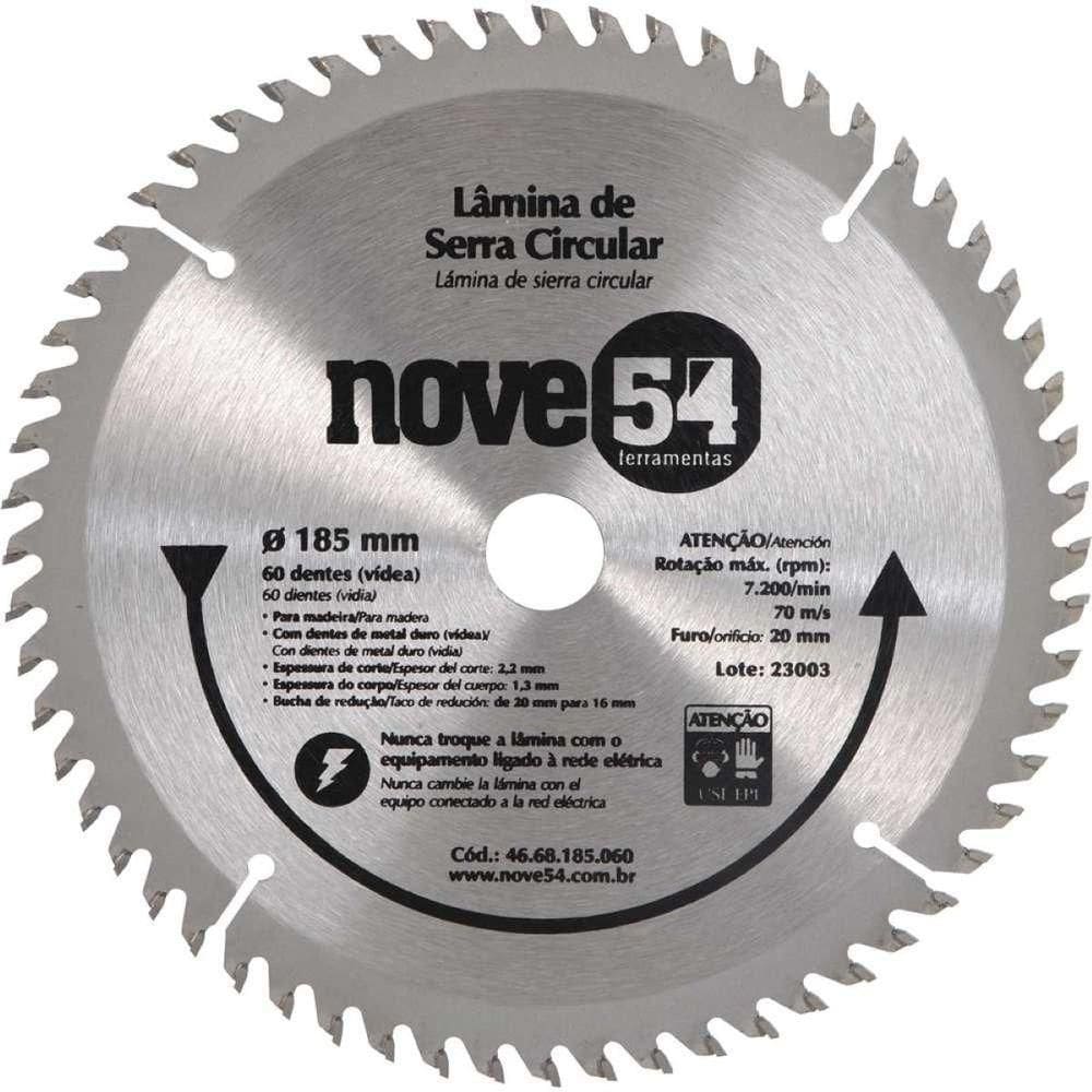 Lâmina Serra Circular Vídea 185mm 60 Dentes Furo 20mm Nove54
