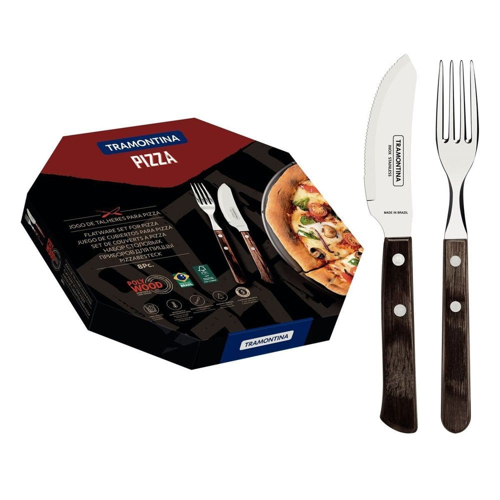 Kit Talheres de Pizza Pollywood 8 Unidades Facas Garfos Resistente Aço Inox Cabo Madeira Tramontina