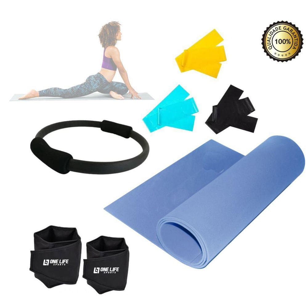 Kit Pilates Anel + Tapete + Faixa + Caneleira 1 kg - Azul