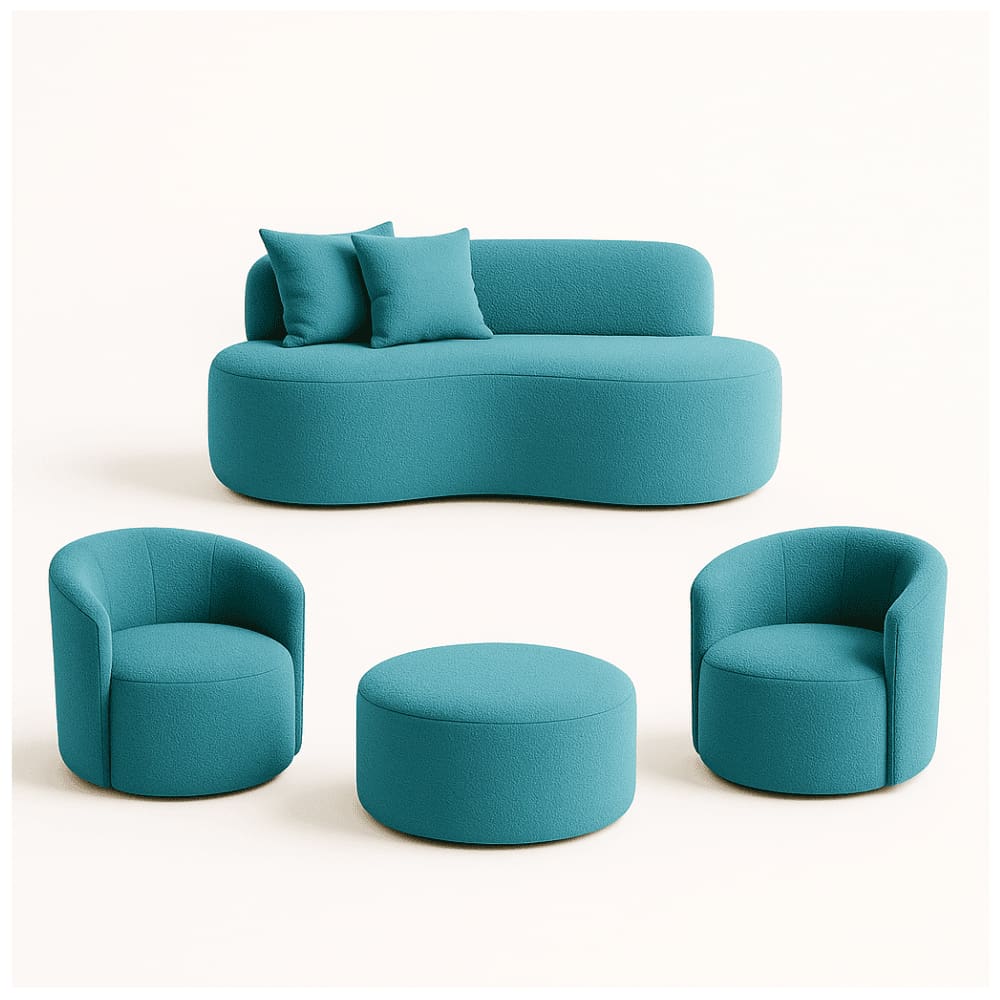 Conjunto 02 Poltronas + Sofá e Puff Curvo Orgânico Nature Gaia Boucle Azul Turquesa - Montanaris Decor