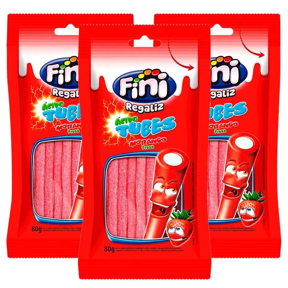 Balas Fini Tubinho de Morango Cítrico 80g | Kit com três unidades