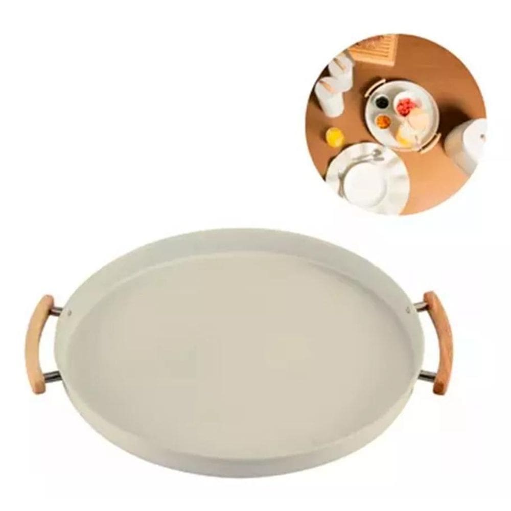 Bandeja Servir Decorativa Redonda Metal Bambu Sense - Bege