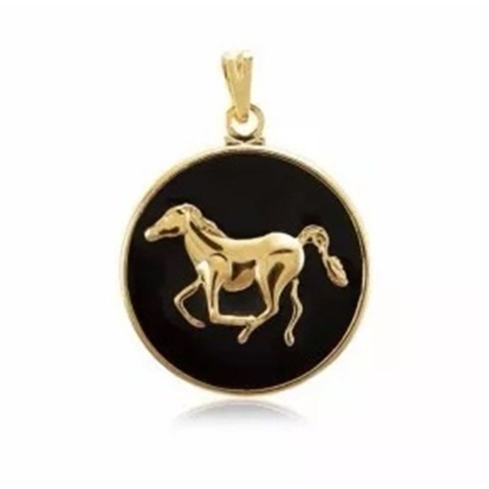 Pingente Medalha Country Cavalo Resinado Folheado Ouro 18k