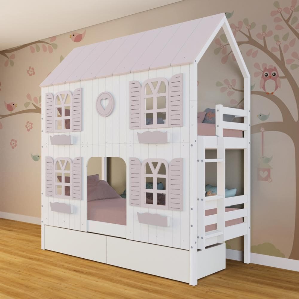 Beliche Casinha Bela com Coração 2 Gavetas 4 Janelas Venezianas - Madeira Maciça Branco/Rosa | Megamobilia