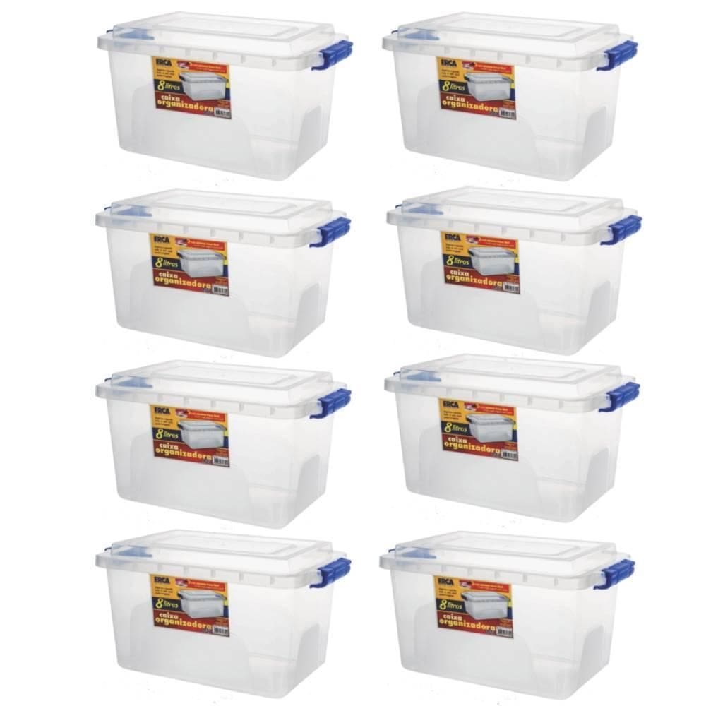 Kit 8 Caixas Organizadora Alta Tampa E Trava Transparente 8L