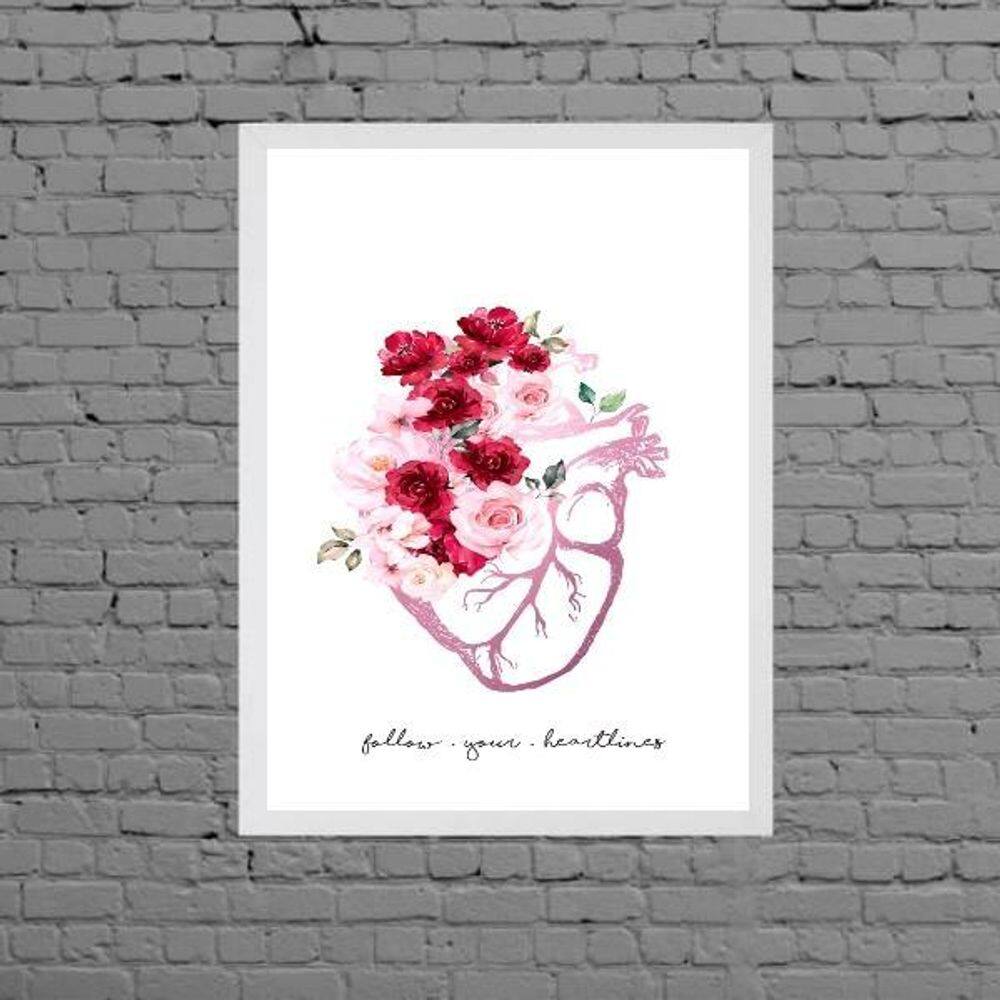 Quadro Coração Com Flores Frase Follow 45X34Cm - Com Vidro