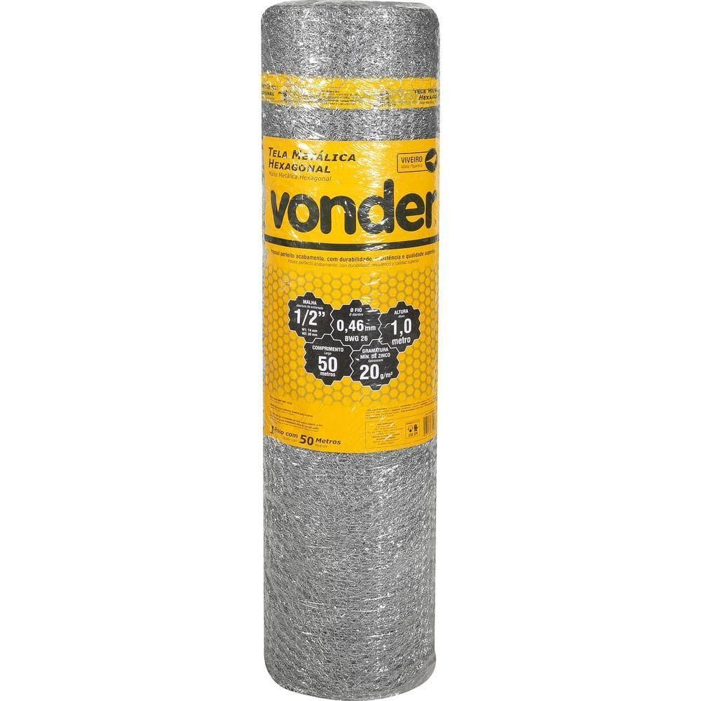 Tela Metálica Viveiro Hex Malha 1-2`` BWG26 1,0m 50m Vonder