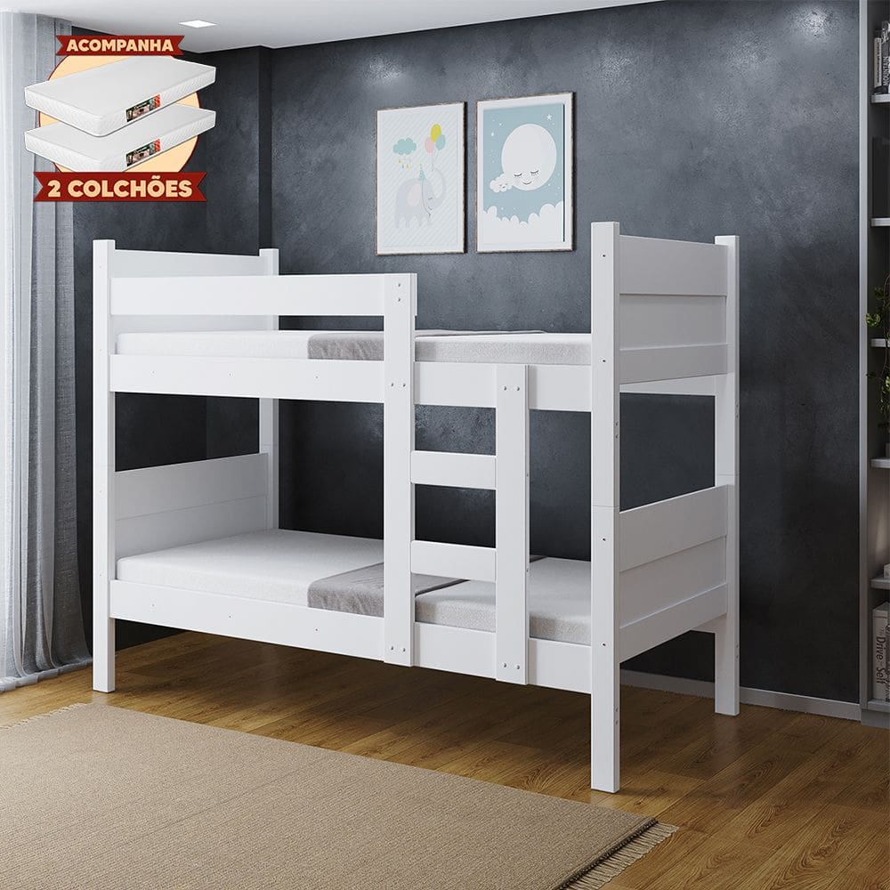 Beliche 100% Mdf Fortaleza - Duas Camas Solteiro Compacta e Moderna Branco com 2 Colchões