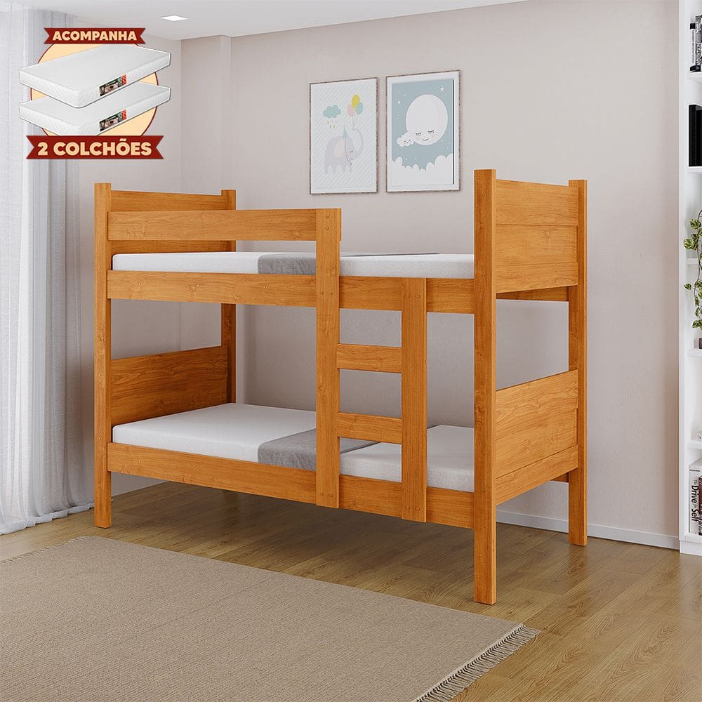 Beliche 100% Mdf Fortaleza - Duas Camas Solteiro Compacta e Moderna Nature com 2 Colchões