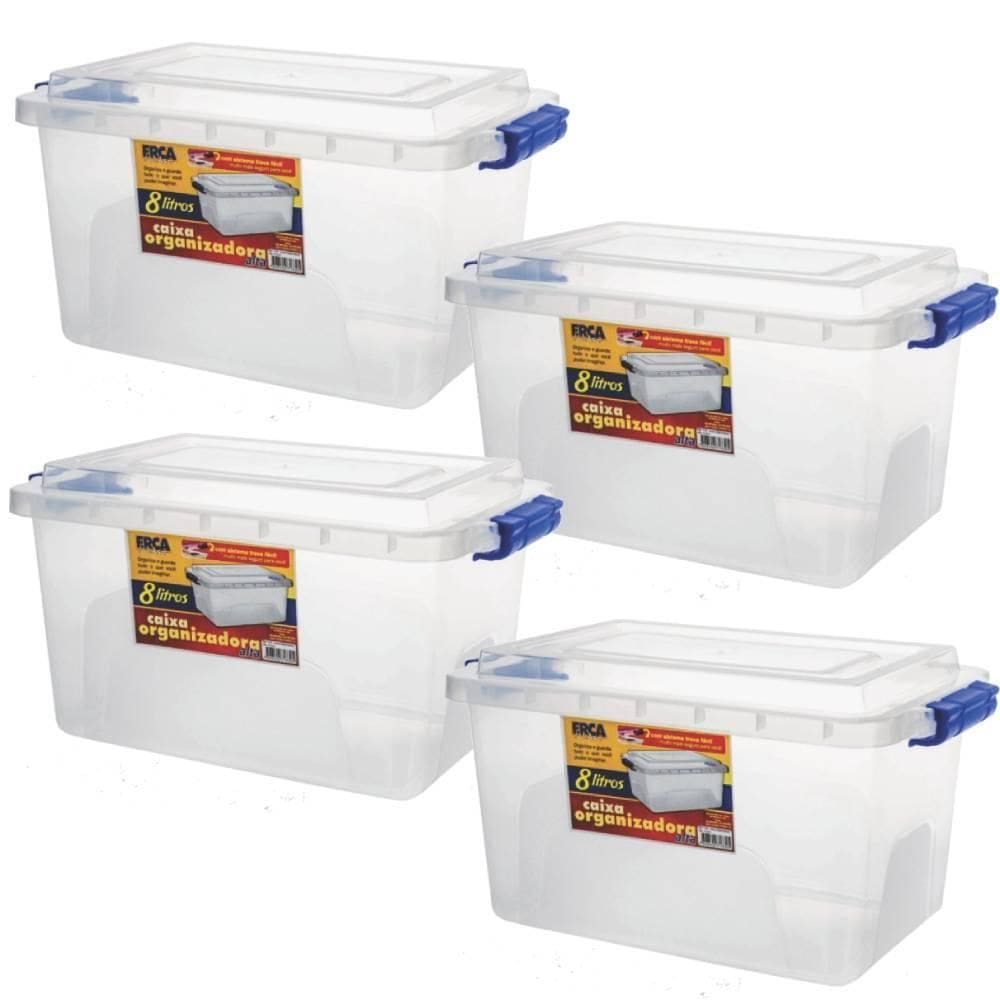 Kit 4 Caixas Organizadora Alta Tampa E Trava Transparente 8L