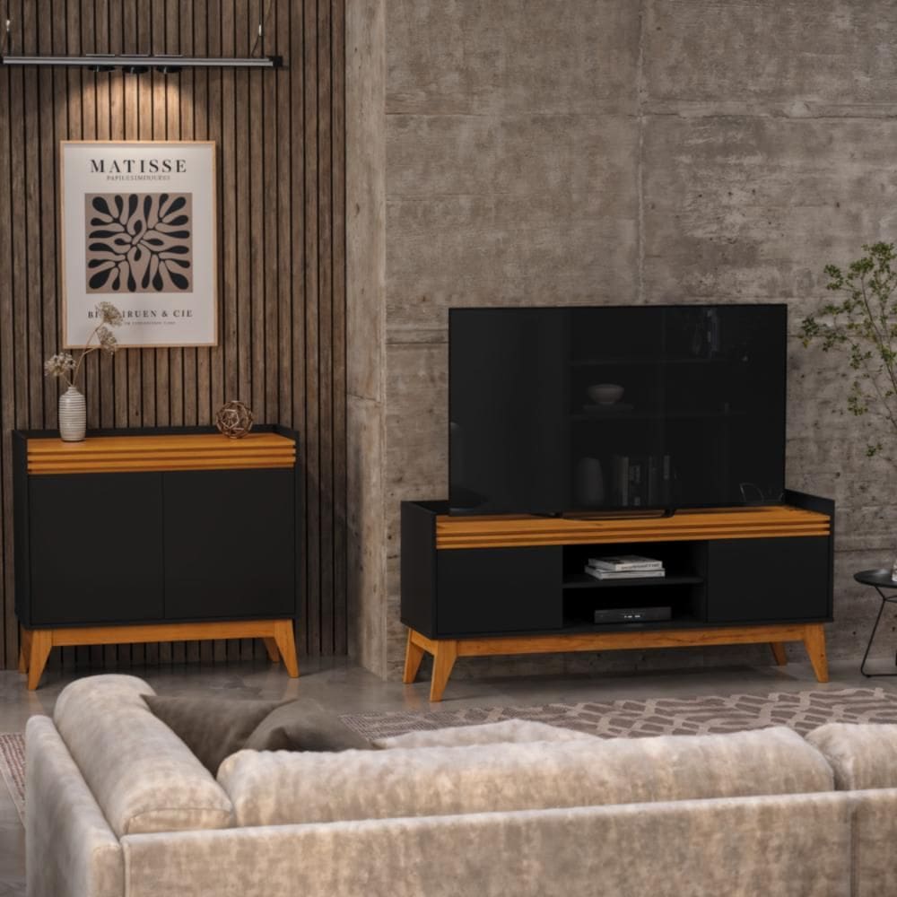 Conjunto Sala de Estar Buffet 2 Portas e Rack para Tv até 50 Polegadas Ripado - ViaNossa