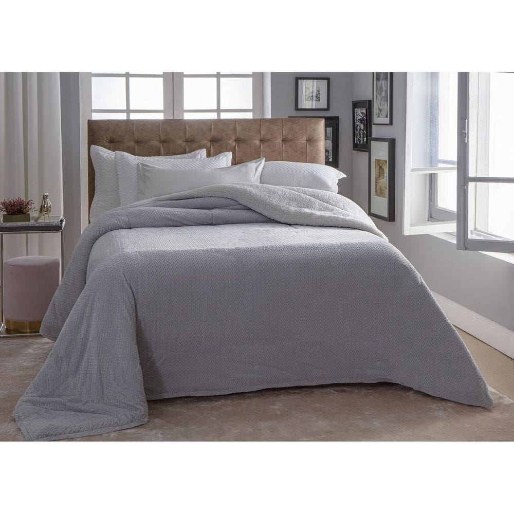 Cobertor Com Sherpa Jacquard Tranças Casal 1,80Mx2,20M Cinza
