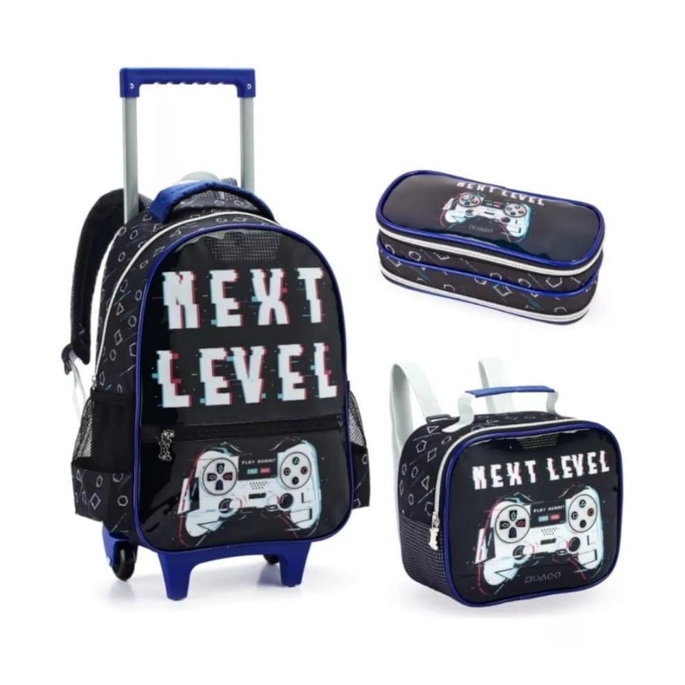 Kit Mochila Rodinhas Escolar + Lancheira + Estojo Next Level
