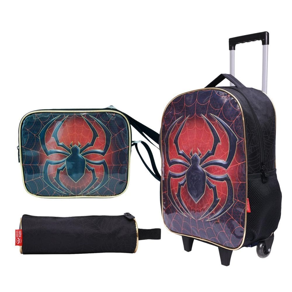 Kit Mochila De Rodinha Bolsa Estojo Lancheira Aranha - Preto