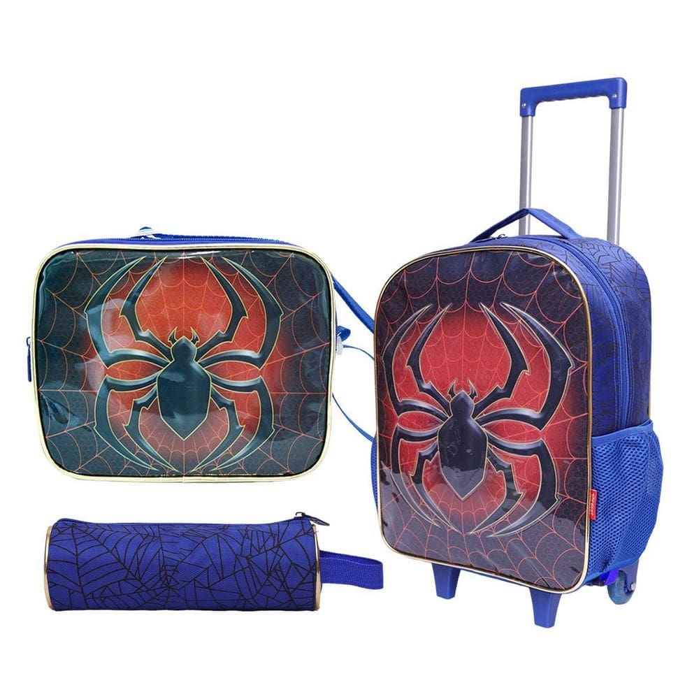 Kit Mochila De Rodinha Bolsa Estojo Lancheira Aranha - Azul