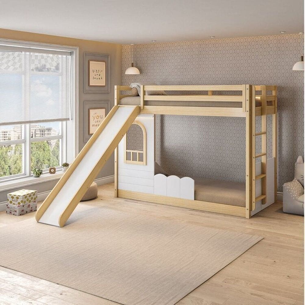 Beliche Infantil Reversível Janela com Cerquinha, Escorregador e Led New Garden Casatema Natural/Branco