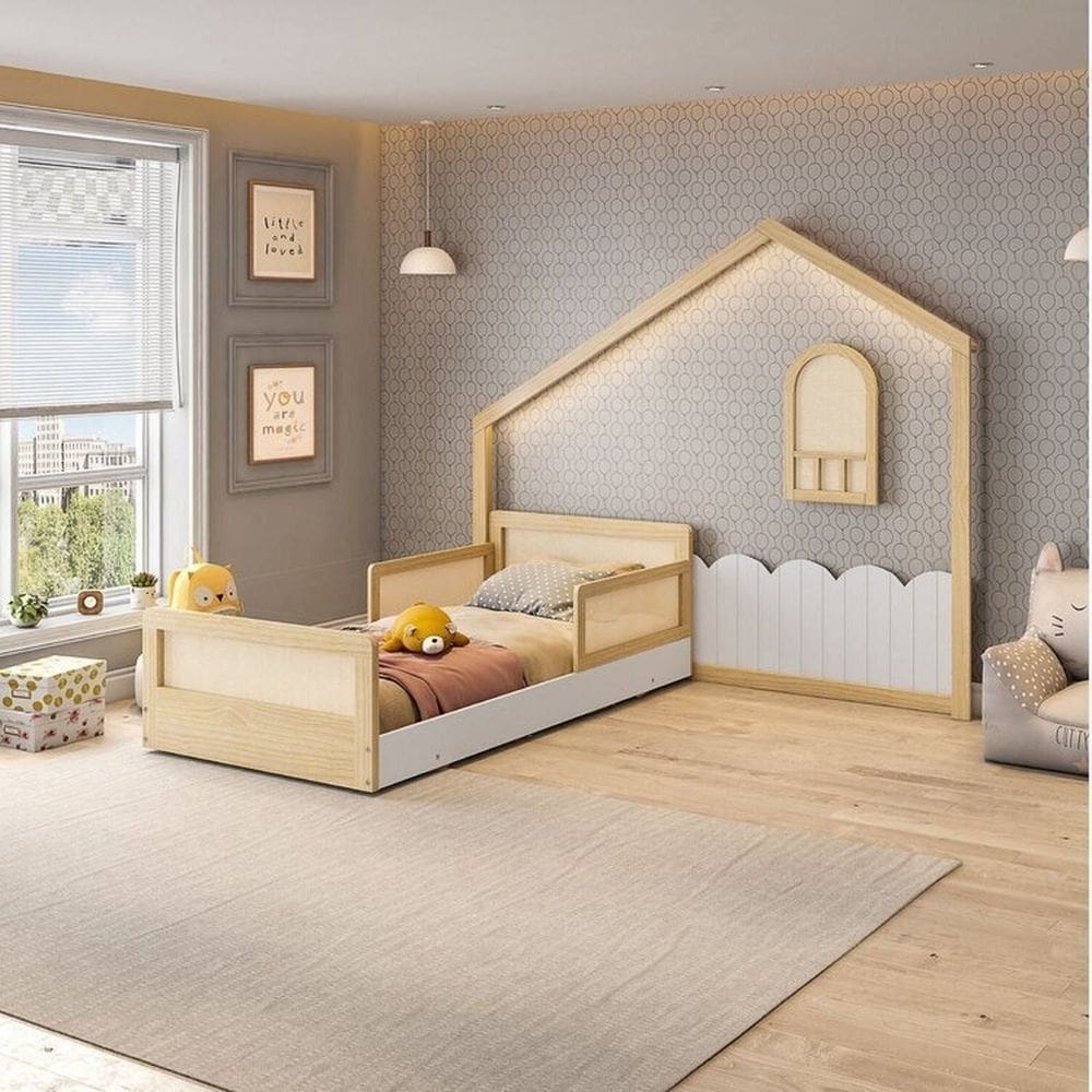 Cama Lift Reversível Solteiro e Moldura com Led New Garden Casatema Natural/Branco
