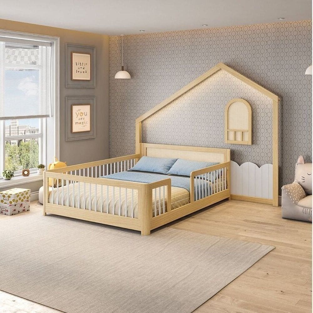 Cama Montessoriana Wave Casal e Moldura com Led New Garden Casatema Natural/Branco