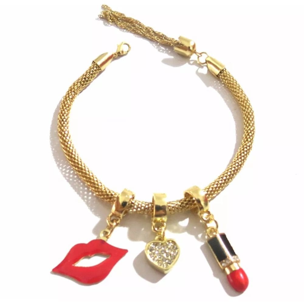 Pulseira Boca Coração Batom Menina Mulher Folheado 18k