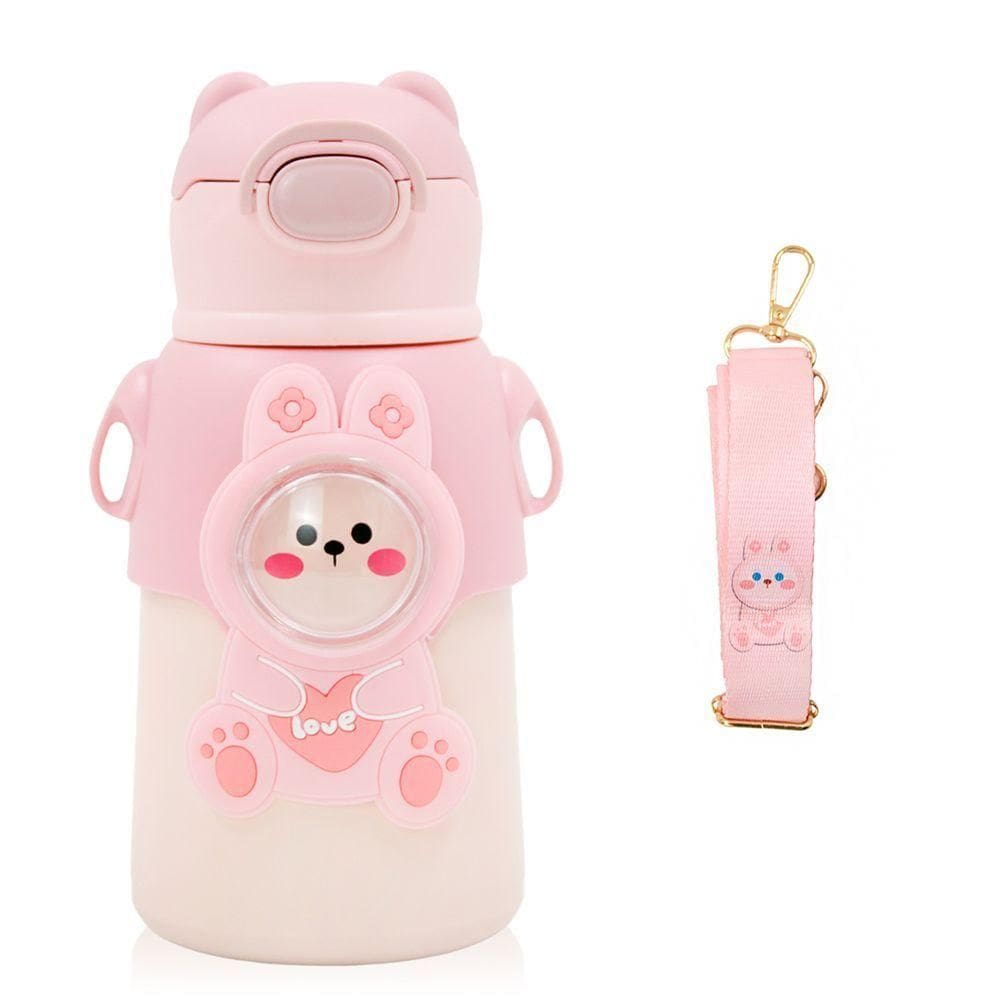Garrafinha C/ Canudo Squeeze Infantil Garrafa Bebe Térmica Alça Rosa