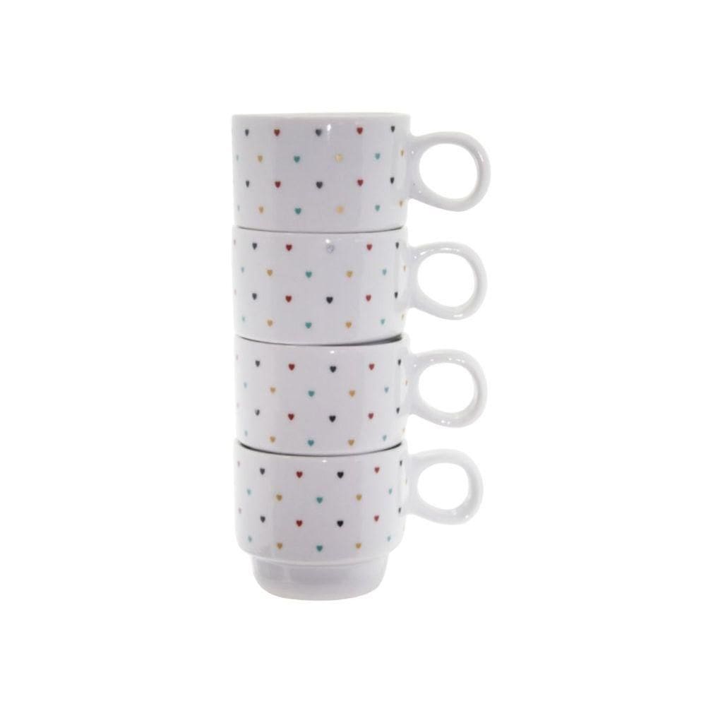 Jogo 4 Xícaras Empilhar 150ml Porcelana Para Café Mini Coração