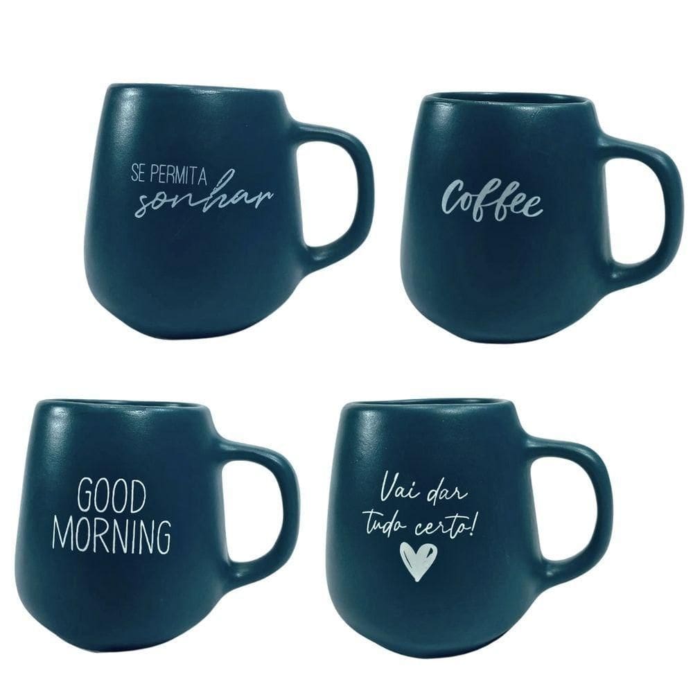 Jogo 4 Caneca Bojuda 260ml Porcelana Fosca Para Cappuccino Verde Cobalto