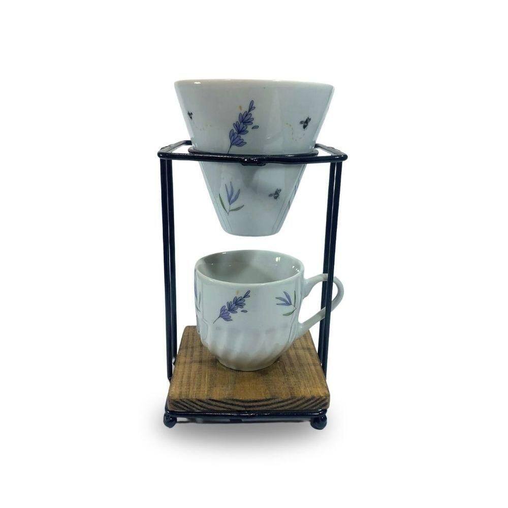 Kit Coador Porcelana C/ Suporte Ferro E Caneca 250ml Lavanda