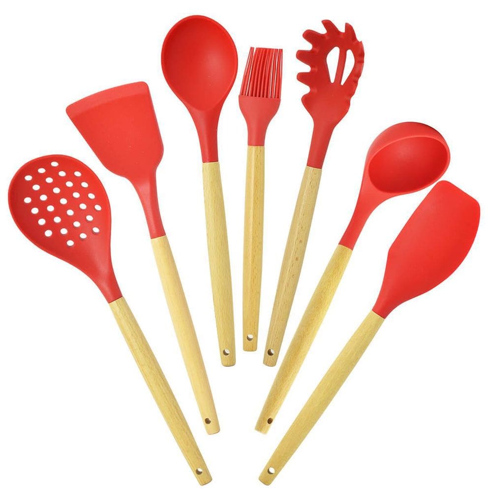 Kit Utensílios De Silicone Vermelho Cabo De Madeira 7 Peças