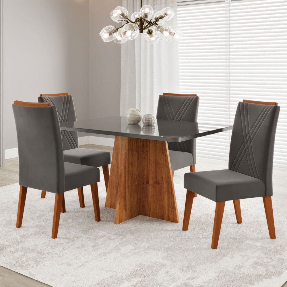 Mesa de Jantar 4 Lugares Stilo Marrom/Cinza/Veludo Cinza - Viero Móveis