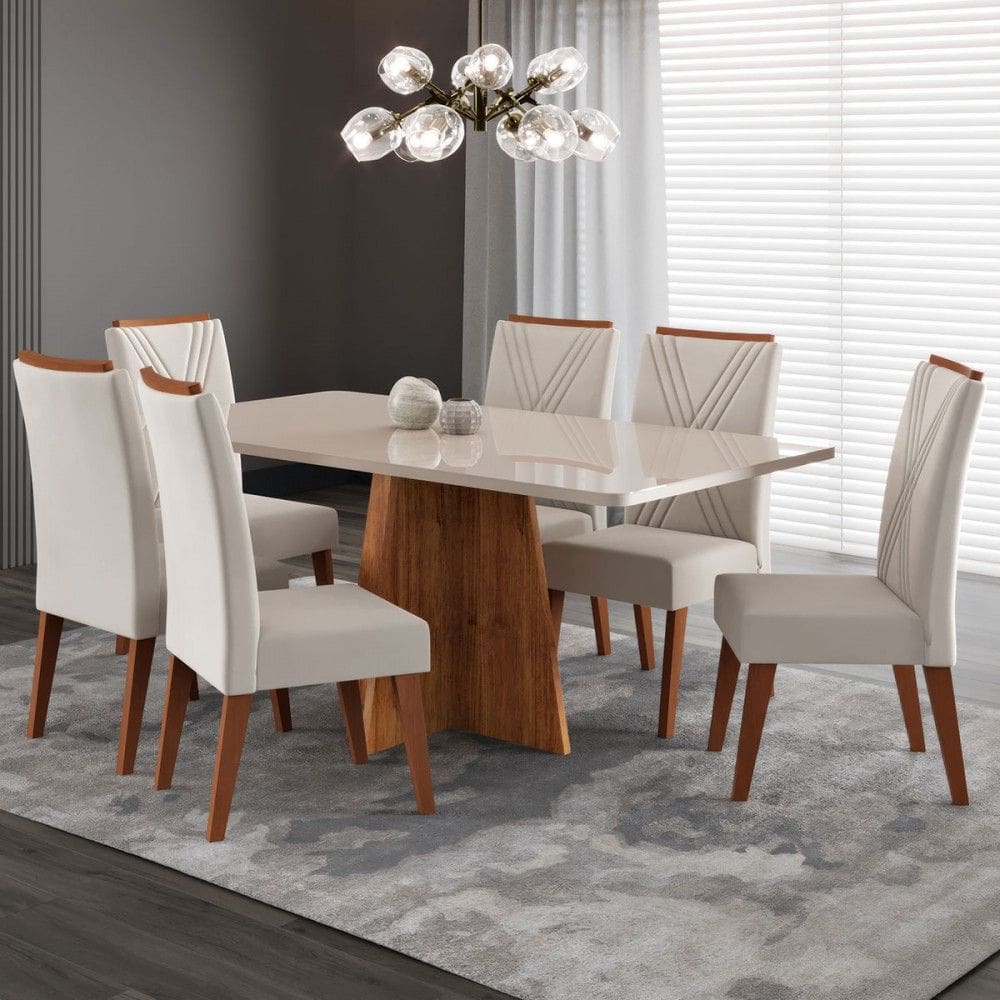 Mesa de Jantar 6 Lugares Stilo com Vidro Marrom/Off White/Veludo Pastel - Viero Móveis