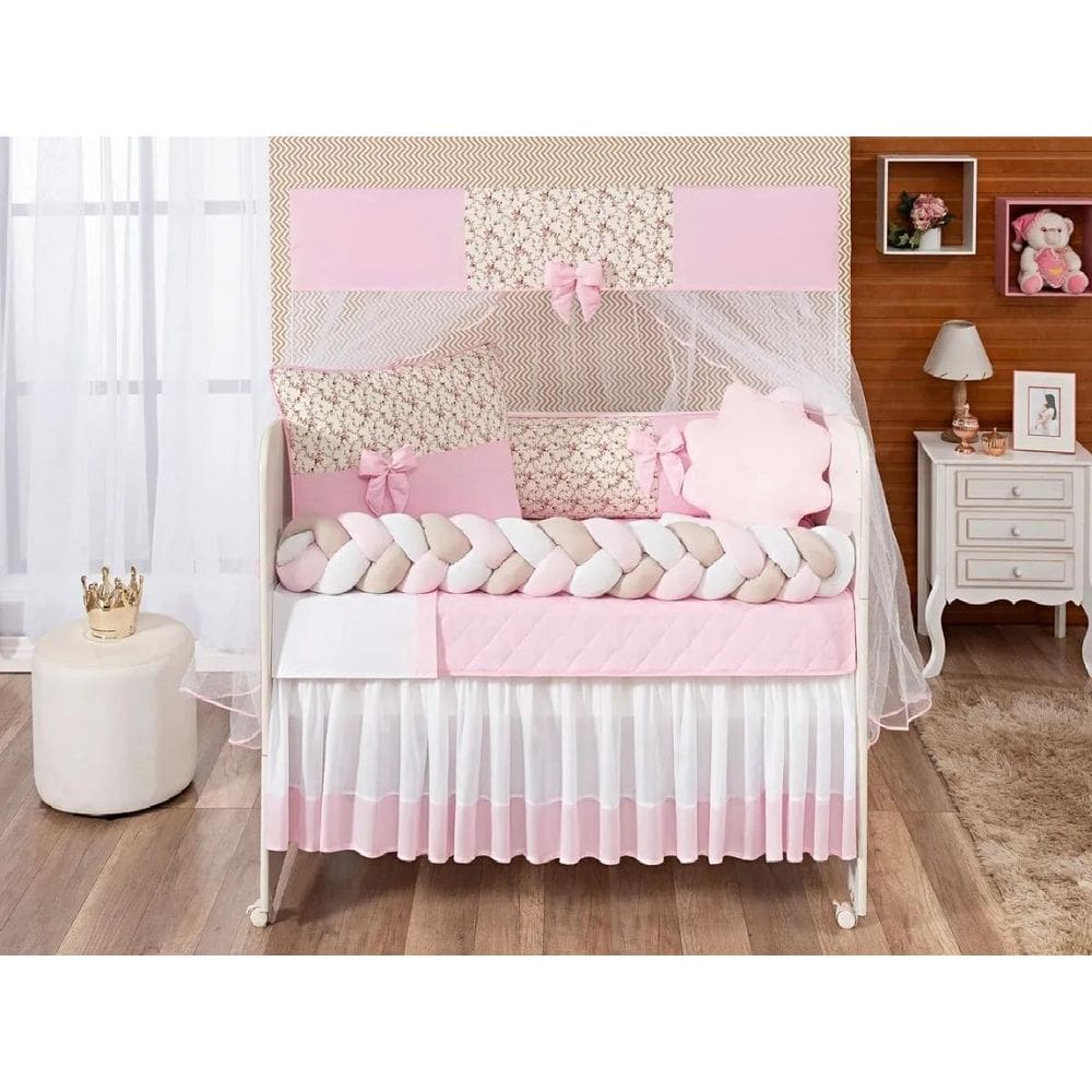 Kit Berço Trança Doce Bebê Clássico Menina 12 Peças Rosa