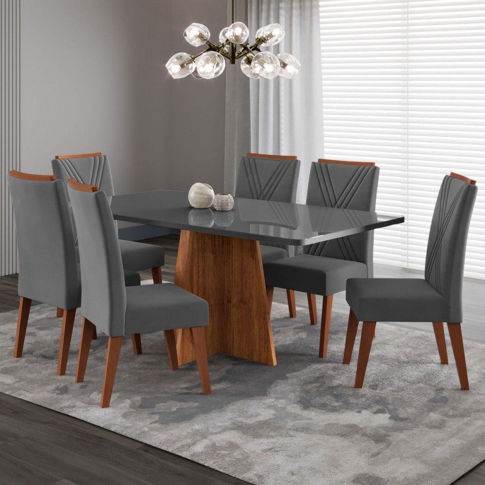 Mesa de Jantar 6 Lugares Stilo Marrom/Cinza/Veludo Cinza - Viero Móveis