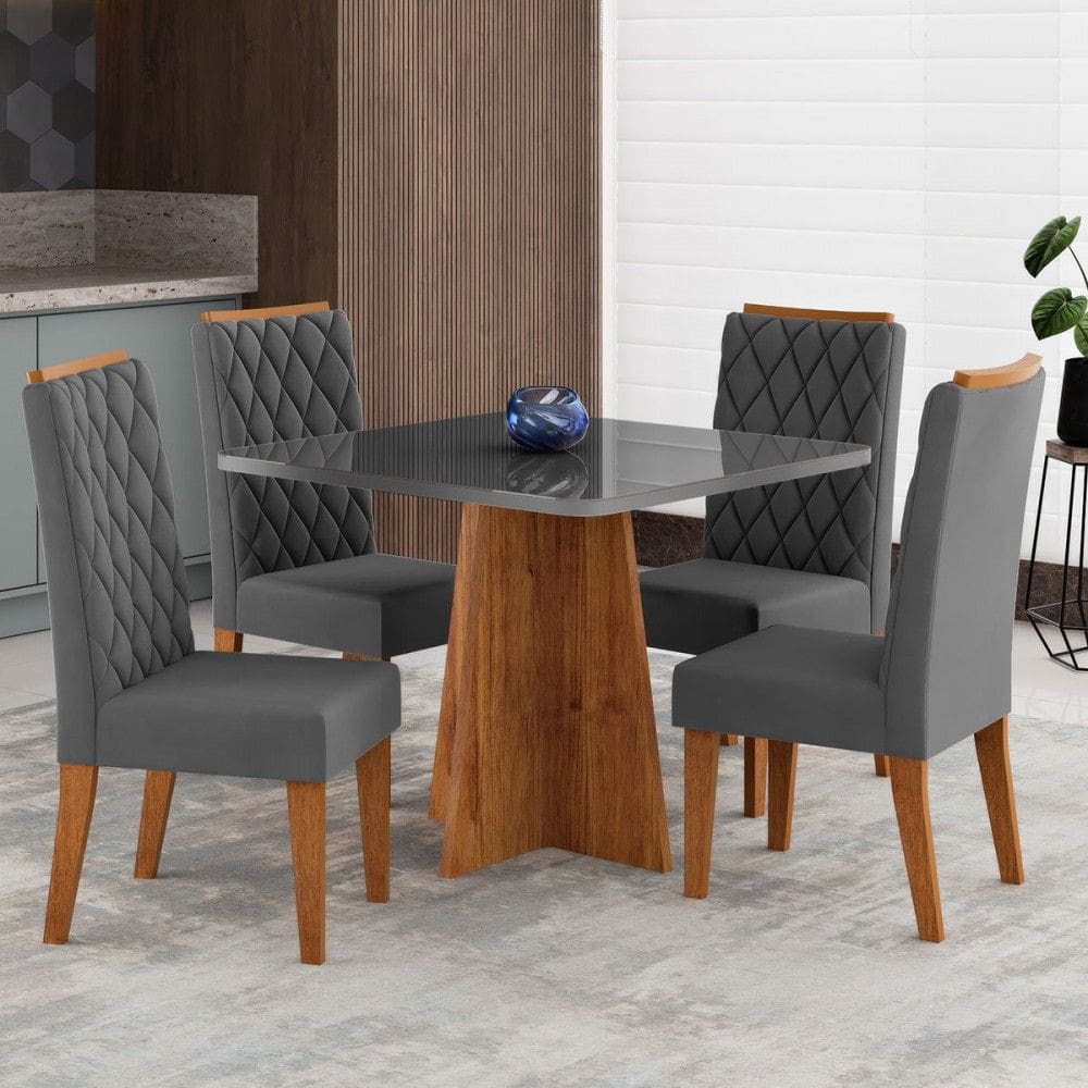 Mesa de Jantar 4 Lugares Cucina Marrom/Cinza/Veludo Cinza - Viero Móveis